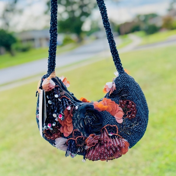 Navy Floral Sequin & Beaded Statement Shoulder Bag – Rare Viral Find ✨ - Picture 2 of 14